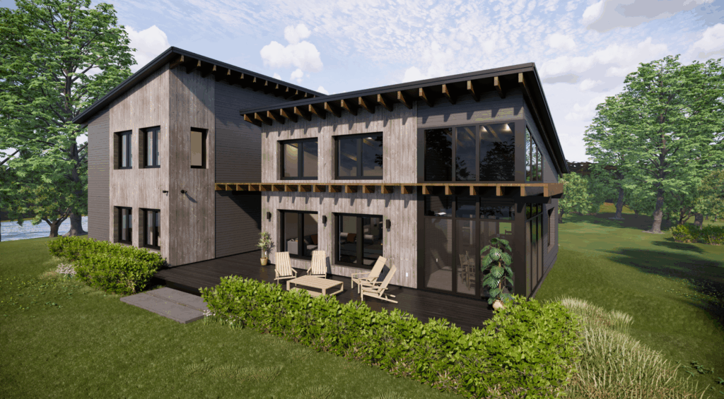 Modern two-story house with wood siding, large windows, and an energy efficient home design, featuring a backyard patio with chairs and surrounded by greenery and trees.
Modern two-story house with wood siding, large windows, and an energy efficient home design, featuring a backyard patio with chairs and surrounded by greenery and trees.