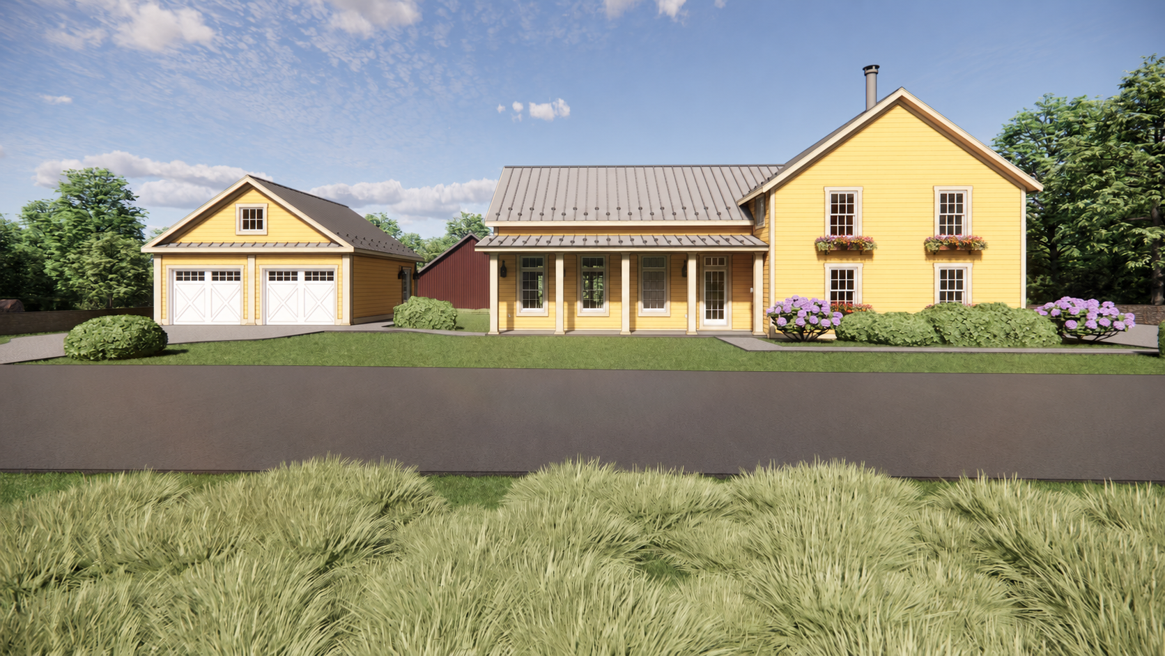Yellow farmhouse addition we designed to represent one architectural style that we enjoy.