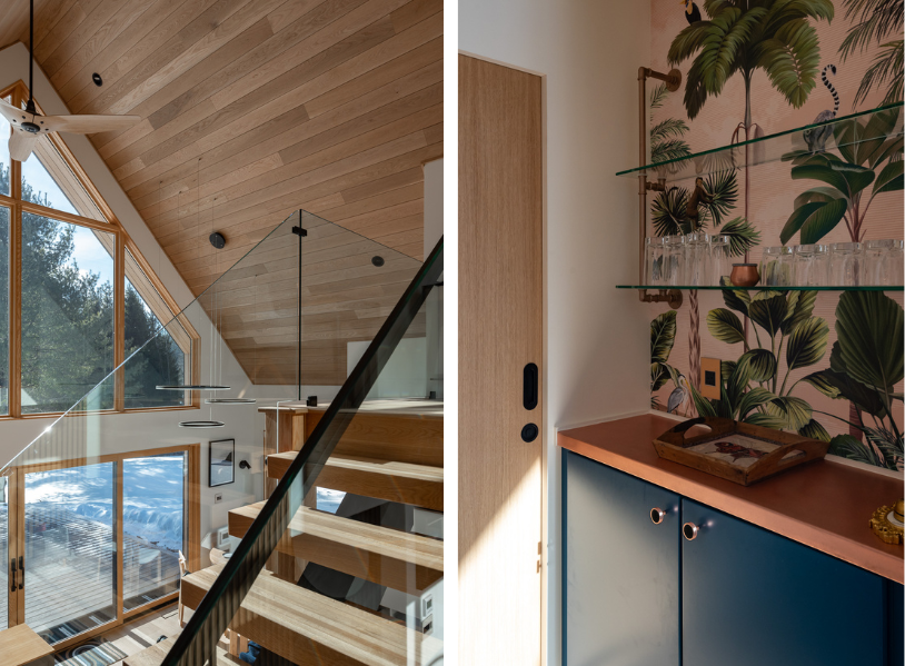 Small homes with big personality. Glass railings provide unobstructed views and intentional hallways provide new areas to create experiences, like this dry bar tucked in a hallway. 