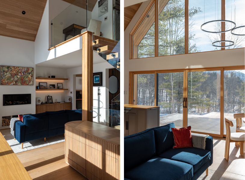 These photos prove that great design can be found in small homes. A full wall of windows and built in storage throughout an open-concept living room offer scale and natural light. 